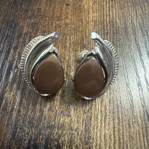 Vintage Stamped STAR Faux Brown Gemstone Gold Tone Clip on Earrings Screw Back